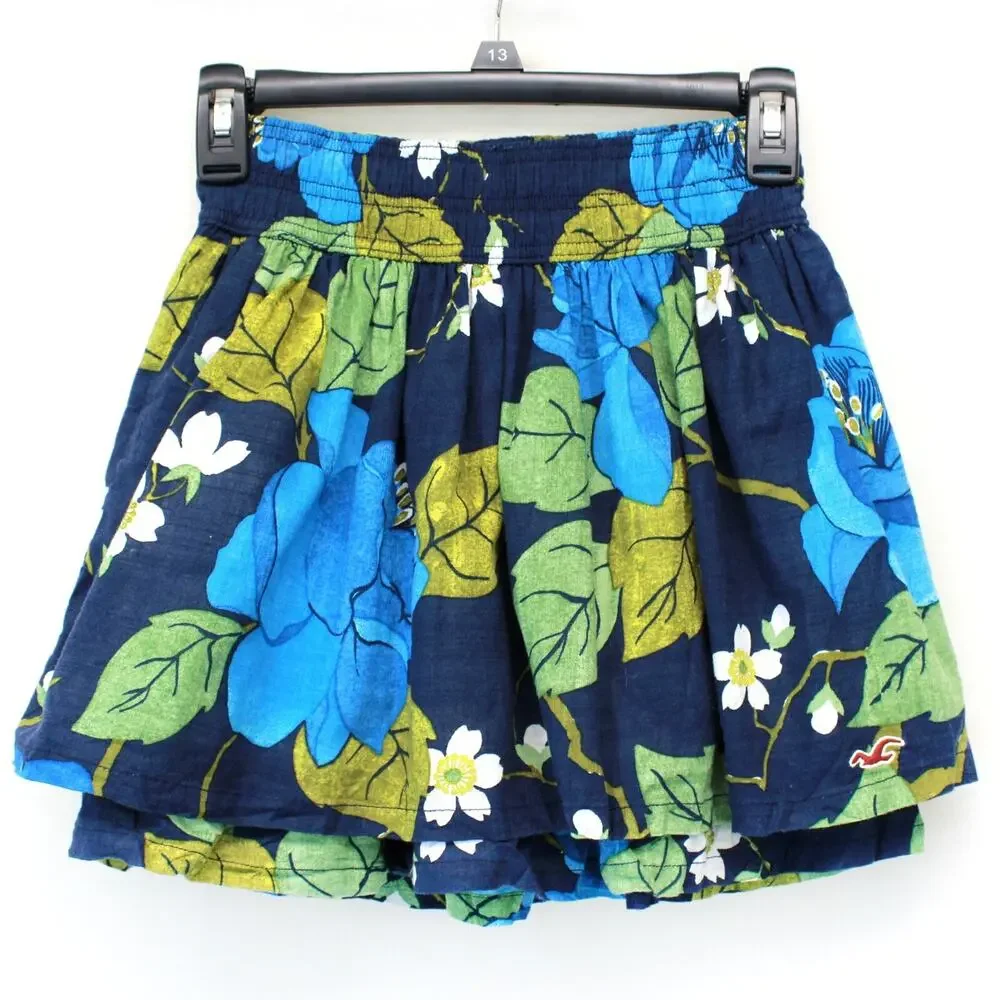 Hollister Blue 100% Cotton Floral Pockets Lined Tiered Fairy Skirt Small